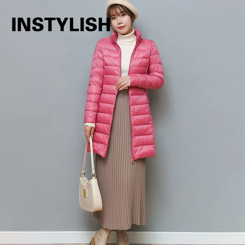 Women Elegant Lightweight Down Coat Casual Solid Slim Long Jacket Korean Harajuku Thin Removable Hooded Padding Puffer Outwear