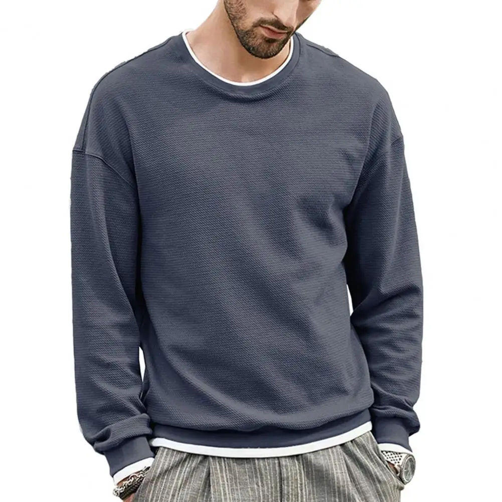 

Men T-shirt Fake Two Piece O-neck Long Sleeves Autumn Bottoming Top Pullover Tees