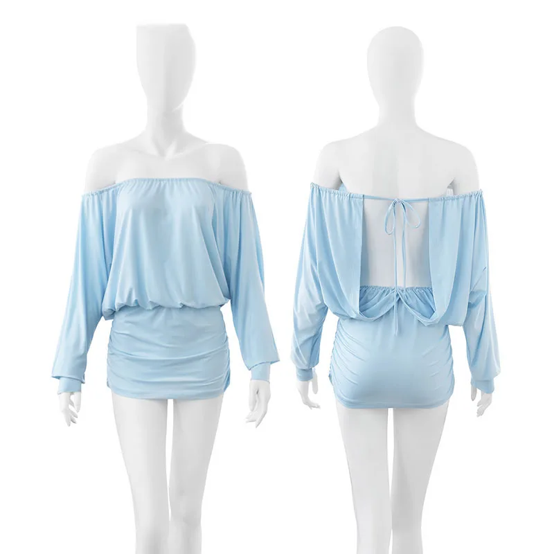 

Blue Long-Sleeve Slimming Waist Dress Women Fashion Short Skirt Lace-Up Backless High Waist Batwing Sleeve Pure Color Sexy Girl