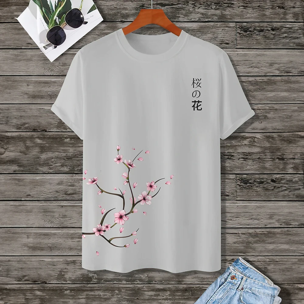 Cherry blossom pattern clothing, men\'s fashion short-sleeved top, Japanese street O-neck T-shirt, summer