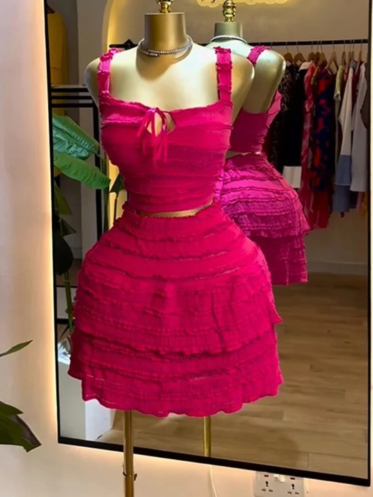 Beach Boho Women's Set Strap Sleeveless Tank Top and Ruched Mini A-line Skirts Two 2 Piece Sets 2025 Summer Outfits