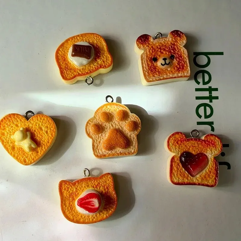 10Pcs Resin Bear Toast Charms Strawberry Heart Bread Pendants Cute Simulation Food Findings DIY Accessories