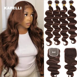 Bundles brésiliens de vague de corps avec fermeture, cheveux humains Remy, couleur marron et blond, fermeture à lacet 4x4, 10A, 3/4