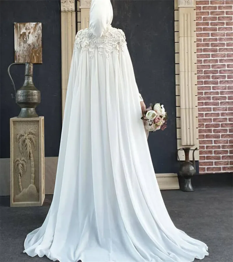 White Muslim Wedding Dress  Islamic Elegant Caped Florals Lace Castle Bridal Gowns Long Sleeve Chiffon Dubai Arabic Bride dress