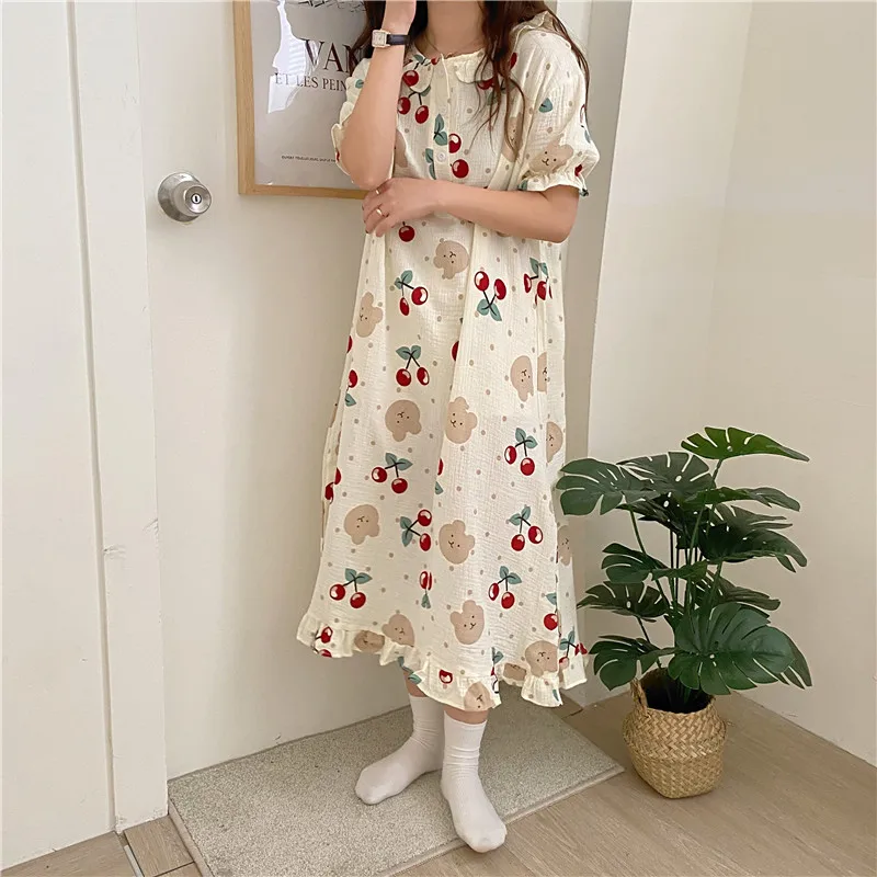 Heart Print Summer Nightgown Women O-Neck Short Sleeve Casual Long Sleepwear Loose Ruffles Midi Length Night Dress Purple