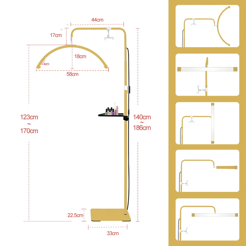 45W 23inch Innovative U-Joint Professional Moonlight Half Moon LED Floor Lamp for Lash Extensions and Tattoo Eyebrow Highlight