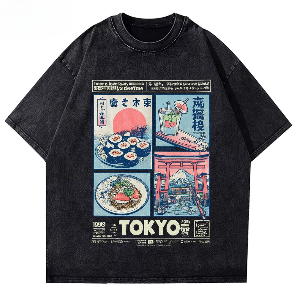 Gewaschenes Vintage Tokyo Japan Grafik-T-Shirt Retro Sushi Mount Fuji Druck Unisex Baumwolle Rundhals Kurzarm Street Loose Tee
