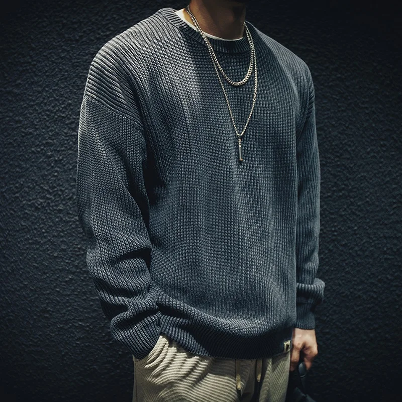 

American Sle Men's Thiened Knitted Sweater Autumn Winter Loose Fit Retro Large Size round Ne Pullover Casual Knitwear