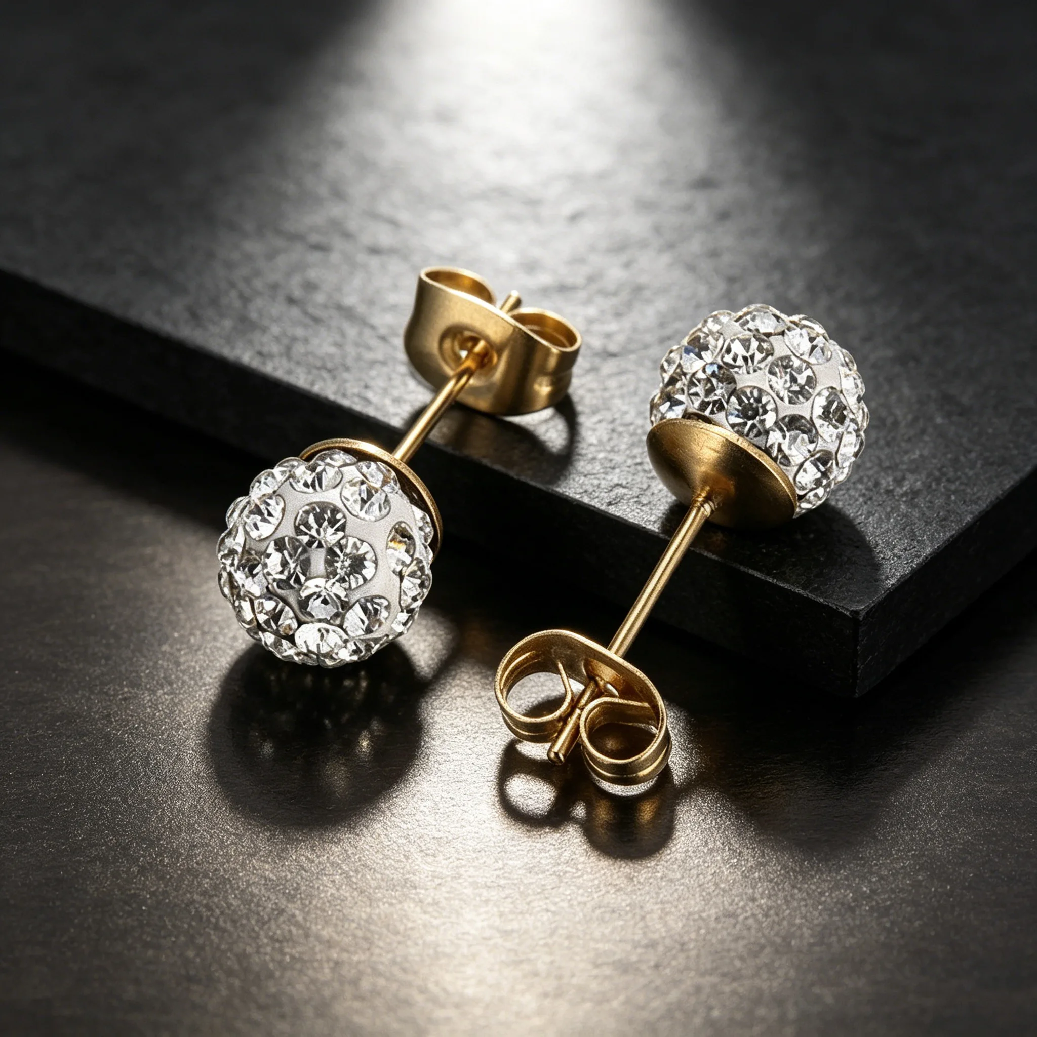 Pendientes de bola de cristal de 8 mm, chapados en oro de 18 quilates, de acero inoxidable, redondos, tipo bola de discoteca, para mujer, joyería diaria.
