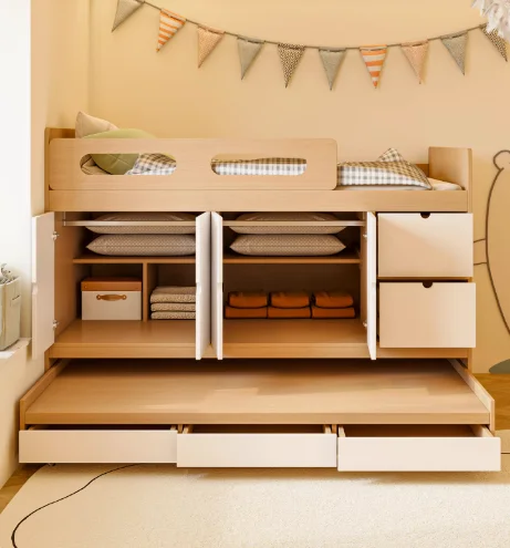 Factory Direct 2026 Bedroom Kids Toddler Cabin Wooden Semi-height Bed with Trundle and Drawers for Children's Room
