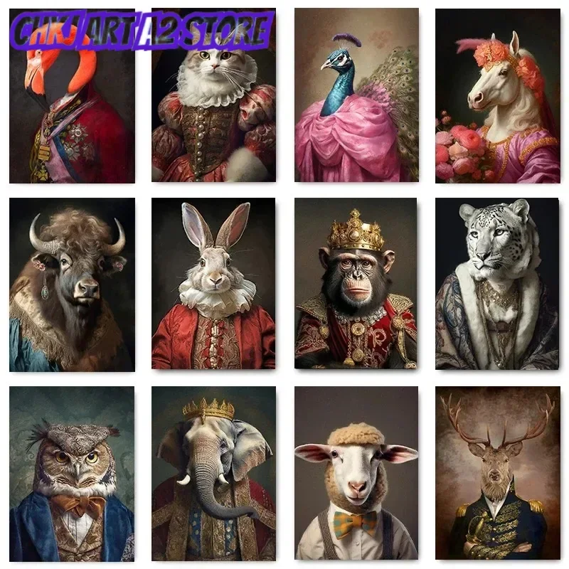 Gentleman Animal Portrait Monkey Deer Flamingo Bison Rabbit Posters and Prints Renaissance Canvas Painting Wall Art Home Deco