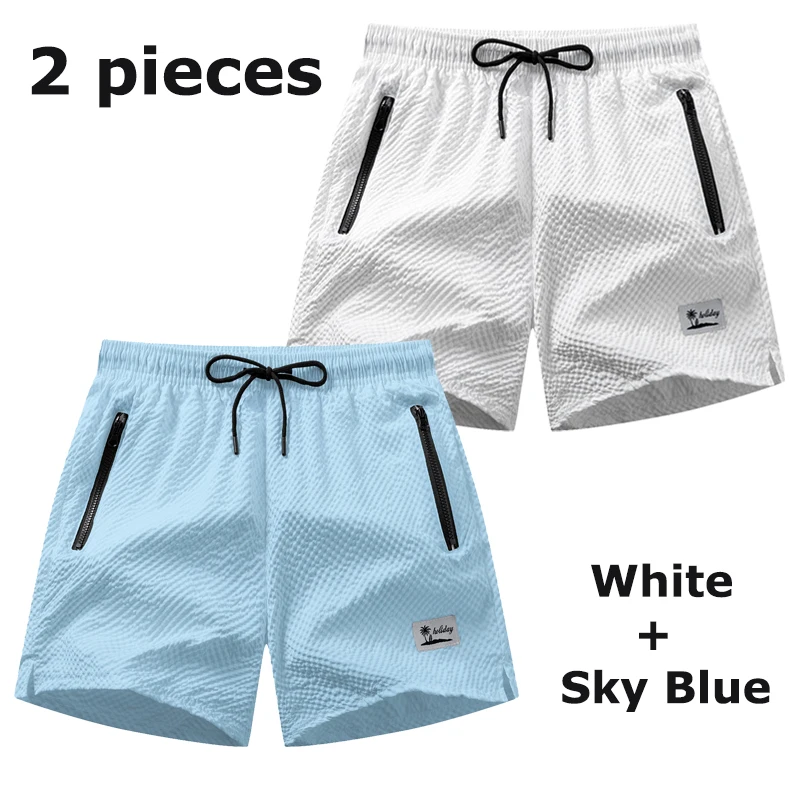 Herren Seersucker Strandshorts mit Netzeinsatz Sommer Casual Boardshorts mit Reißverschlusstaschen Schnelltrocknende Badeshorts Schwimmhose