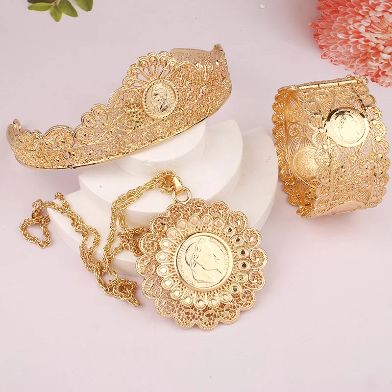 Algeria Wedding Jewelry Set Bridal Crown Tiara Coin Gold Plated Pendant Necklace Cuff Bracelet Accessories for Women Indian Sets