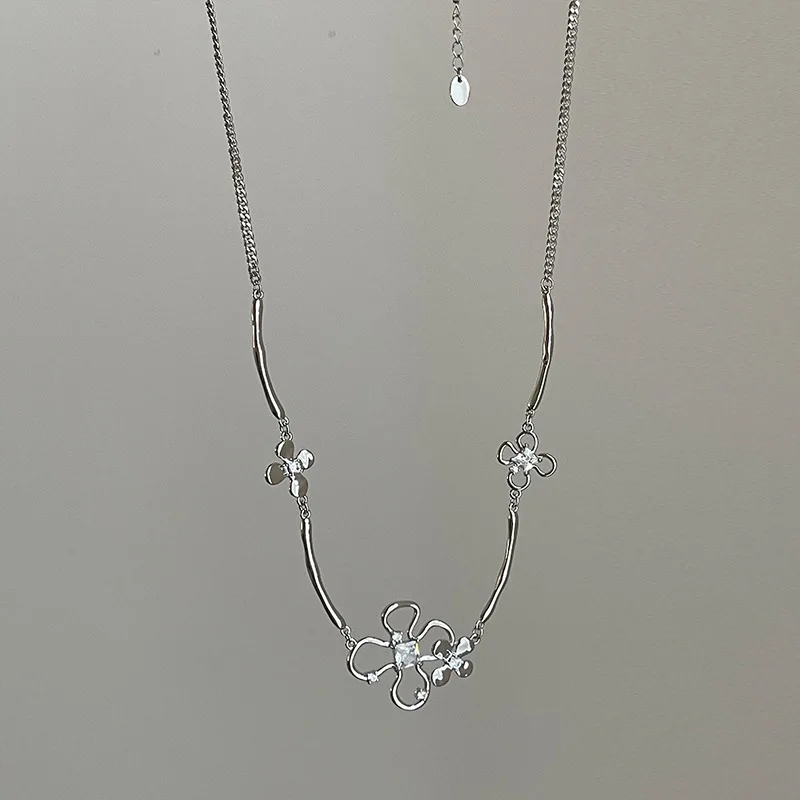 Minar New Chic Sparkly CZ Cubic Zirconia Hollow Flower Petal Pendant Necklaces for Women Silver Plated Copper Chain Chokers