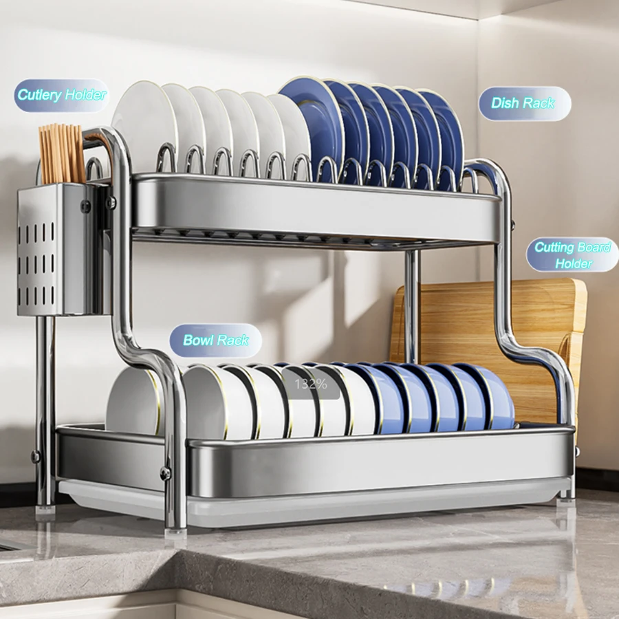 رف الأطباق، رف تجفيف الأطباق من الفولاذ المقاوم للصدأ مع صينية تصريف وحامل أواني، رف أطباق ذو سعة كبيرة للأطباق والأطباق