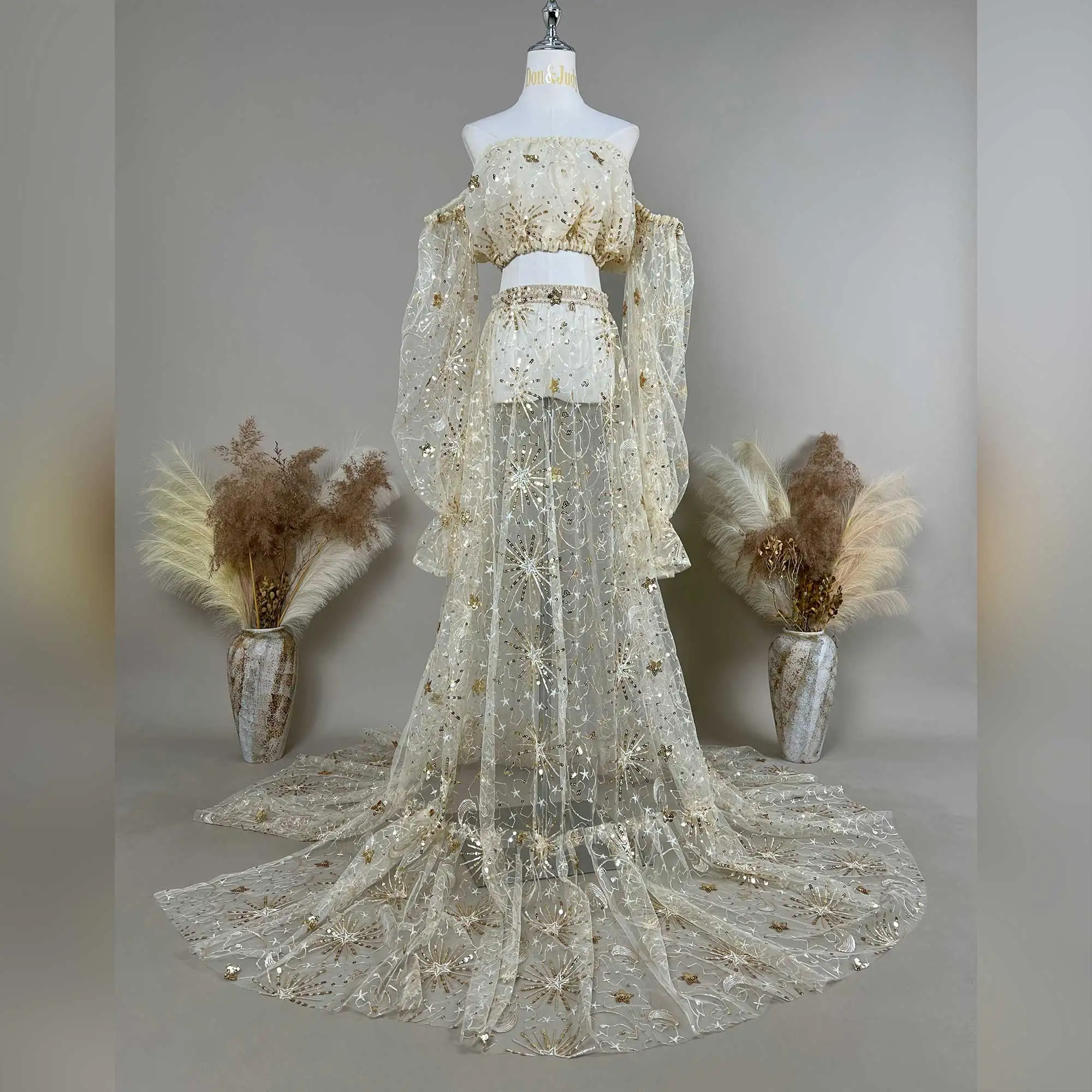 

Don&Judy Baby Celestial Gold Two-Piece Set Embroidered Strapless Crop Top with Detachable Sleeves For Party Photography Props