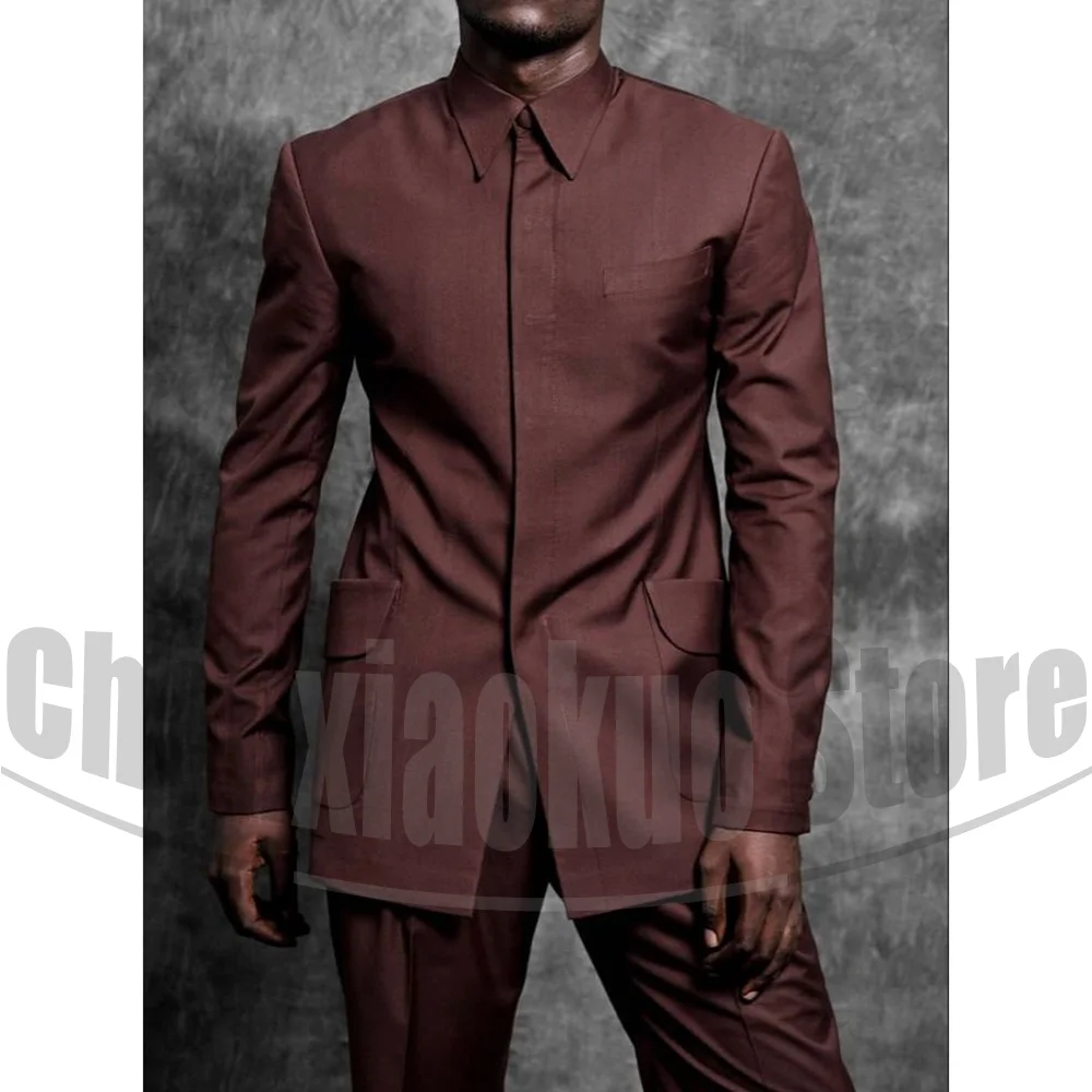 

Мужской костюм, уникальный дизайн воротника-стойки, модные официальные наряды для вечеринки, свадьбы, комплект из 2 предметов, шикарный, повседневный, тонкий мужской костюм