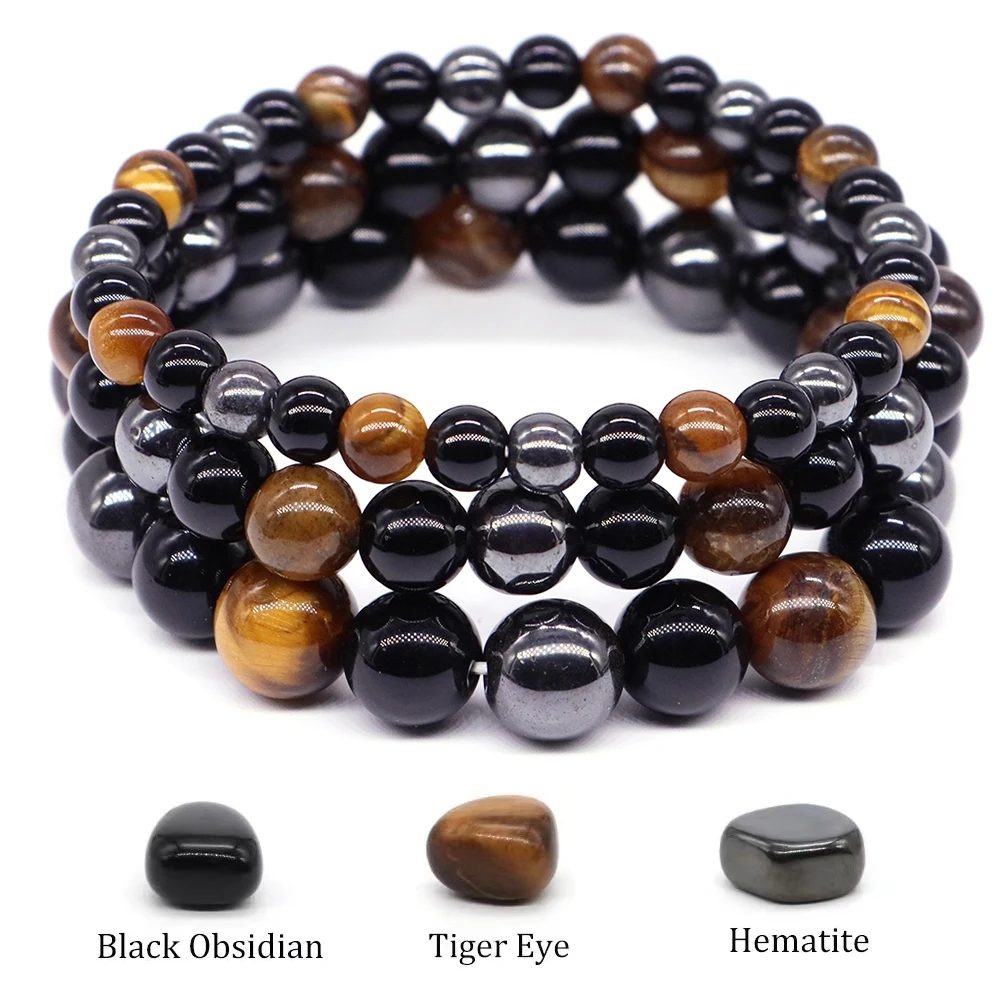 

Natural Hematite Tiger Eye Obisidian Beads Bracelets Triple Protection Healing Health Care Energy Stone Jewelry Couple Gifts