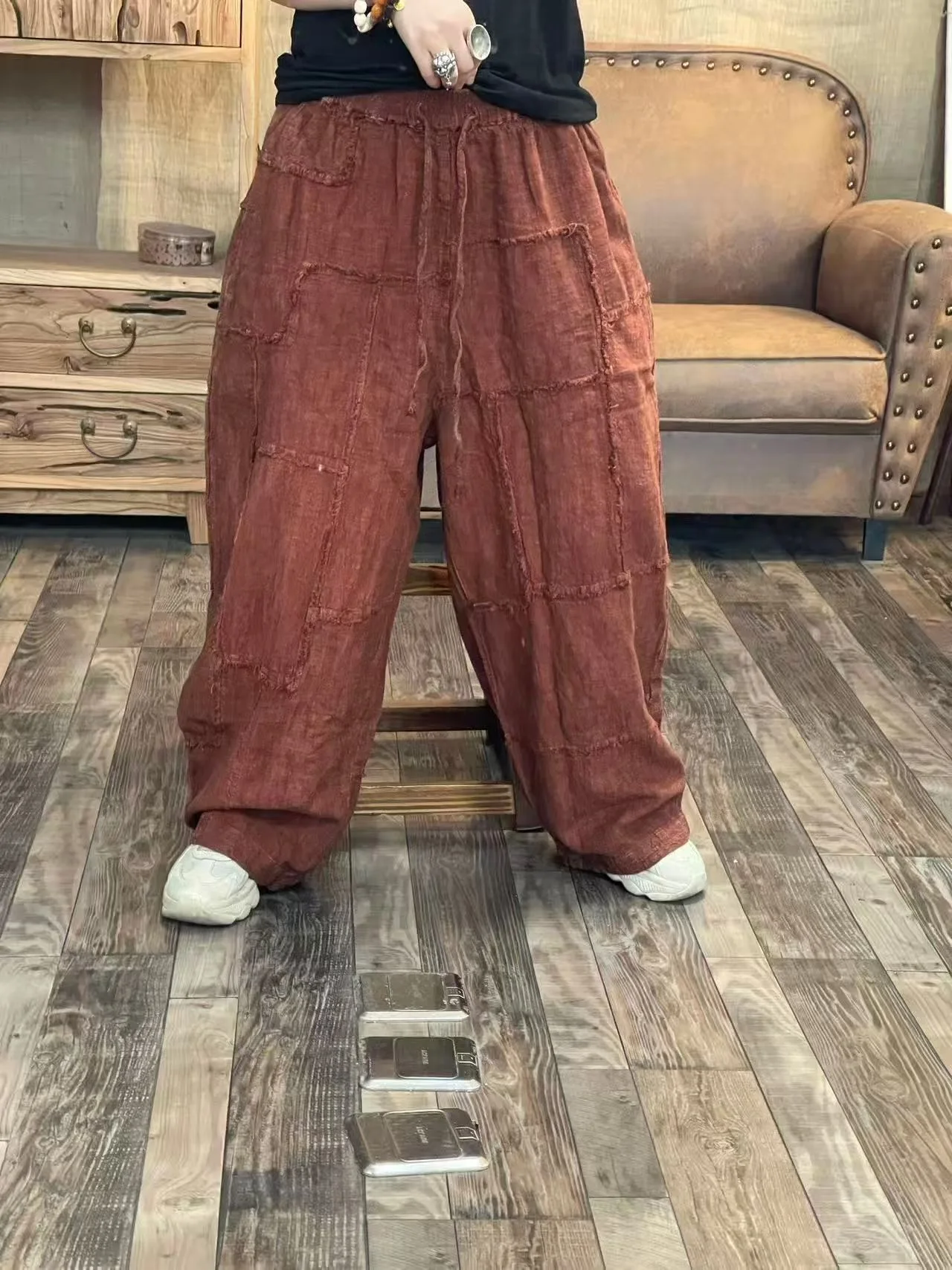 

Artistic Loose Fit High Waist Pure Linen Women's Straight Leg Pants Dad Jeans Casual Trousers with Elastic Waisand