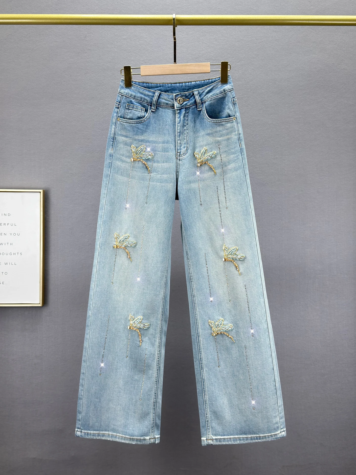 

Retro High Waist Straight Leg Jeans Women's Embroidered Diamond Studded Stretch Denim Spring 2026 Floor Length Slimming Pants