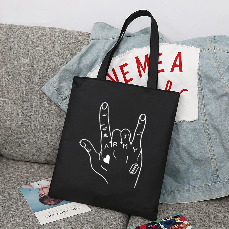 Jungkook Kpop Canvas Tote Bag Korean Army Merch Fabric Bags Women Black White Shopper Handbag Reusable Shopping Bags Aesthetic