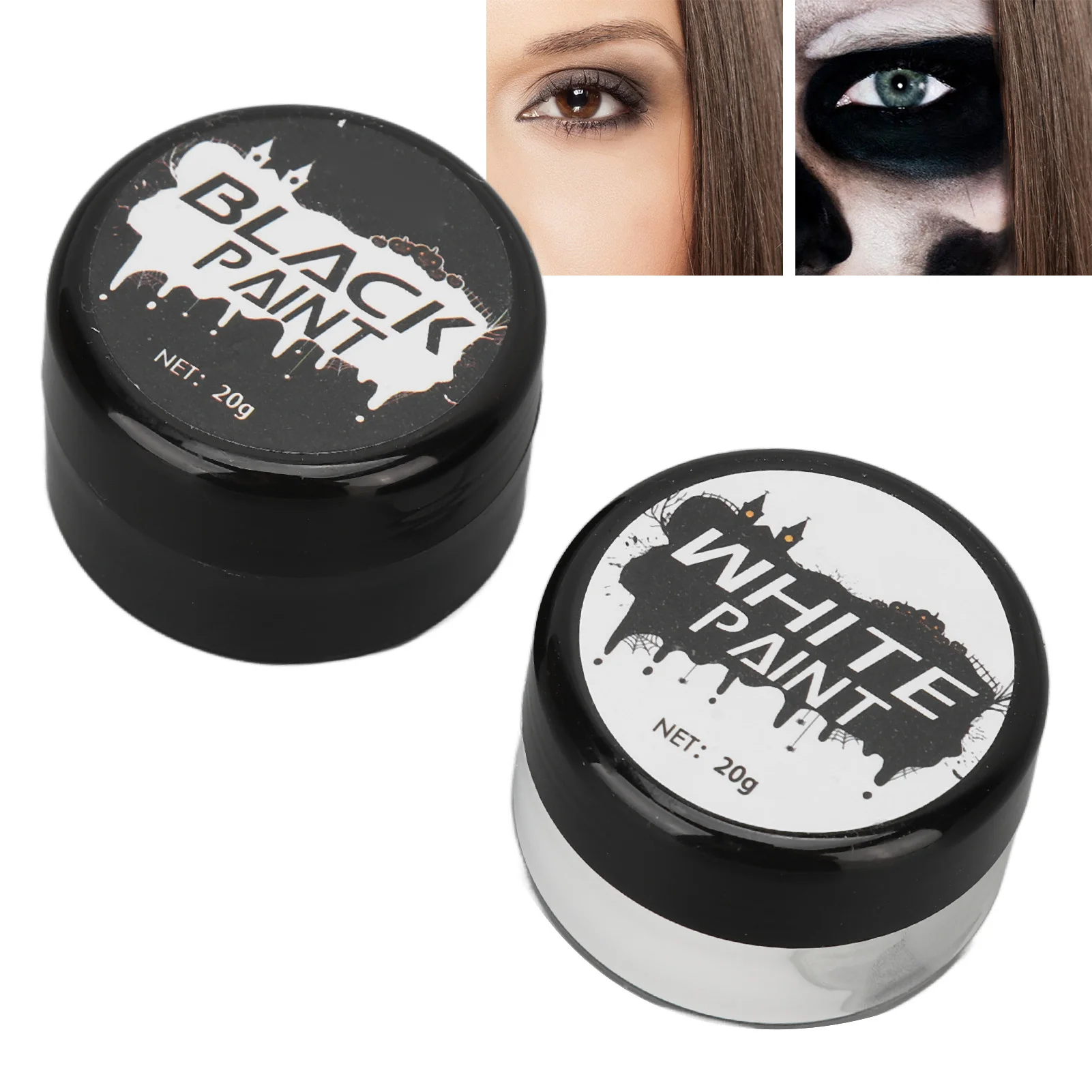 2PCS Halloween Face Painting Kit Highly Pigmented Face Body brus Paint Black and White for DIY Cosplay Theme Parties Body Makeup