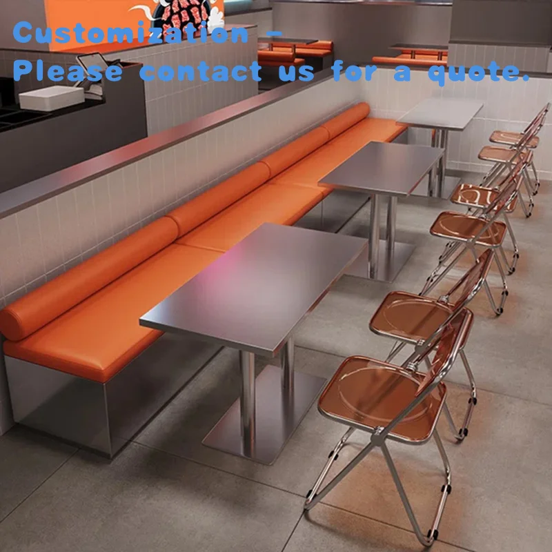 

На заказ. Прочный комплект коммерческой мебели для ресторана из нержавеющей стали. Индивидуальный оранжевый кожаный диван. Тяжелый обеденный стол и C.