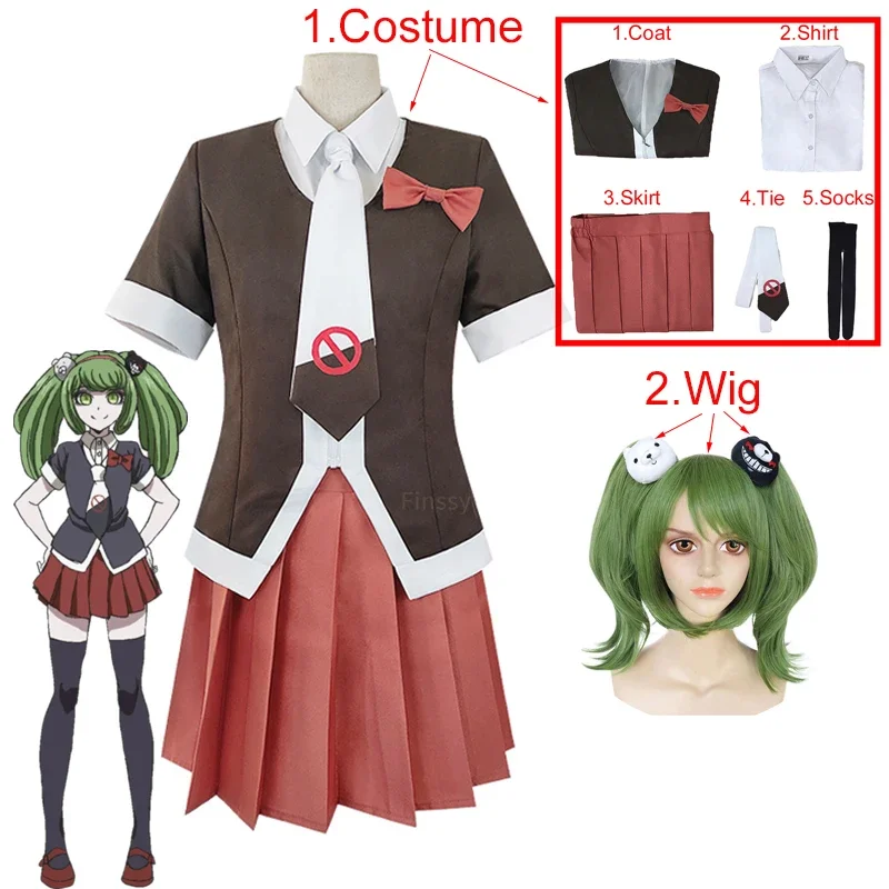 Danganronpa Monaka Costume Halloween Anime High School Student Uniform Cafe Work Clothes Short Skirt Ponytail Wig