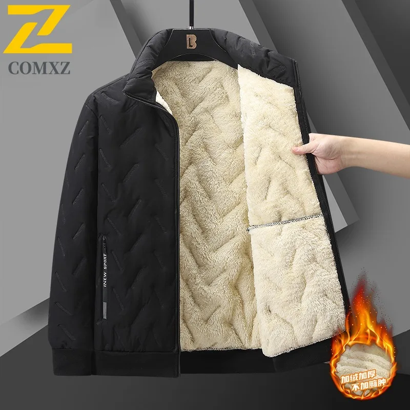 เสื้อโค้ทผ้าฝ้ายลำลอง COMXZ แบบอัลตราโซนิกสำหรับผู้ชาย คอตั้ง บุขนแกะ เสื้อโค้ทผ้าฝ้ายสำหรับวัยกลางคน เสื้อแจ็คเก็ตกันน้ำ กันลม สำหรับเล่นกีฬากลางแจ้ง