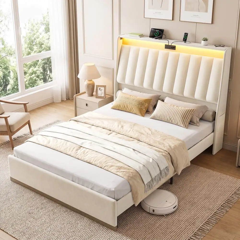 Queen Size Upholstered Bed Frame, Platform Bedstead With RGB LED Lighting Charging Station Storage Space No Mattress