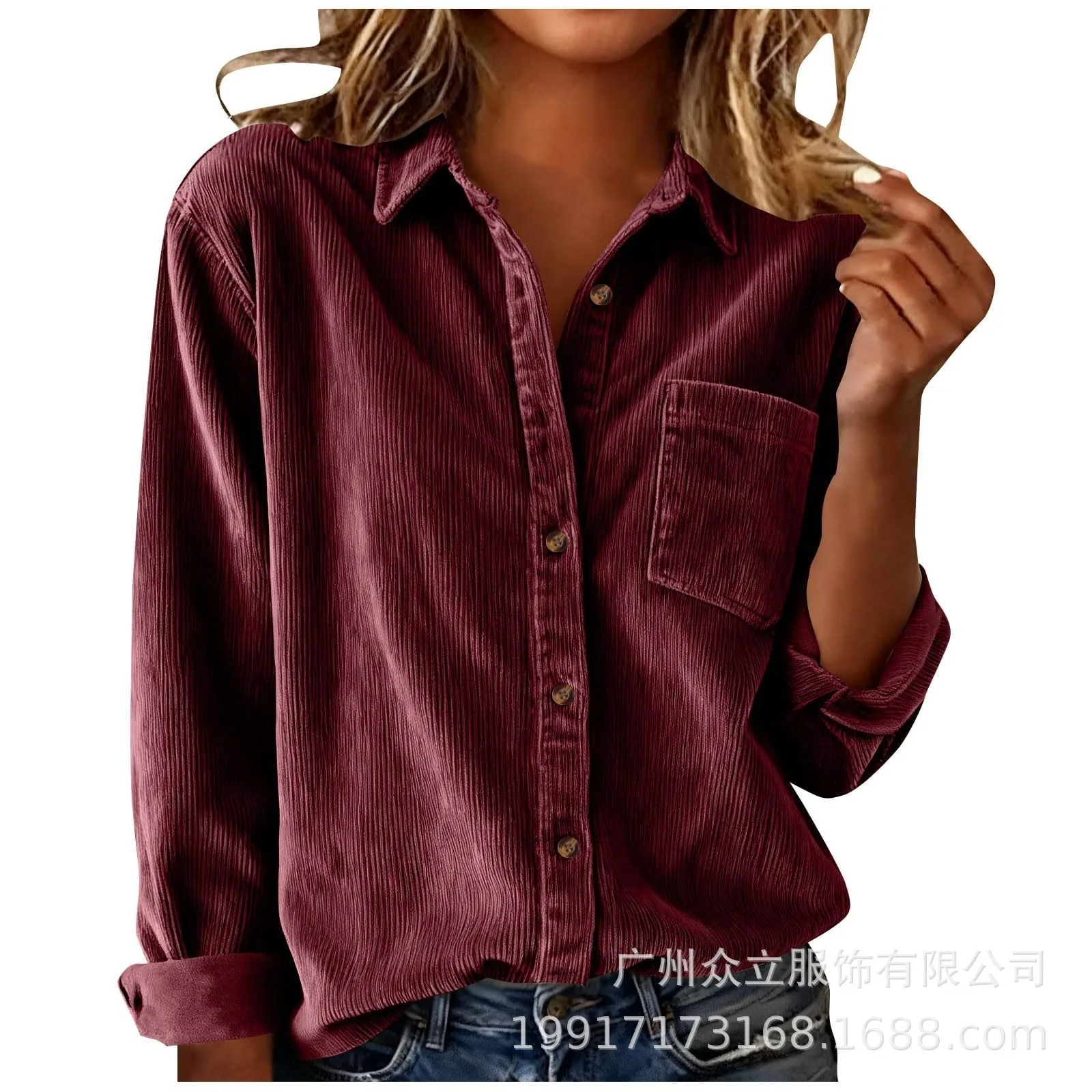 

Women's Long Sleeve Shirt Striped Blouse Burgundy Turn Collar Button Down Shirt Navy Front Casual Shirt Black Tops For Woman