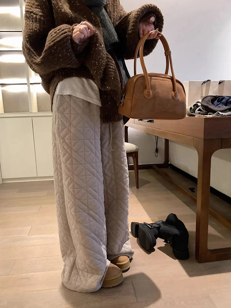 Winter Dikke Argyle Wijde Pijpen Broek Vrouwen Y2K Hoge Taille Streetwear Losse Casual Broek Vrouwelijke Warme Alle Match Rechte Broek