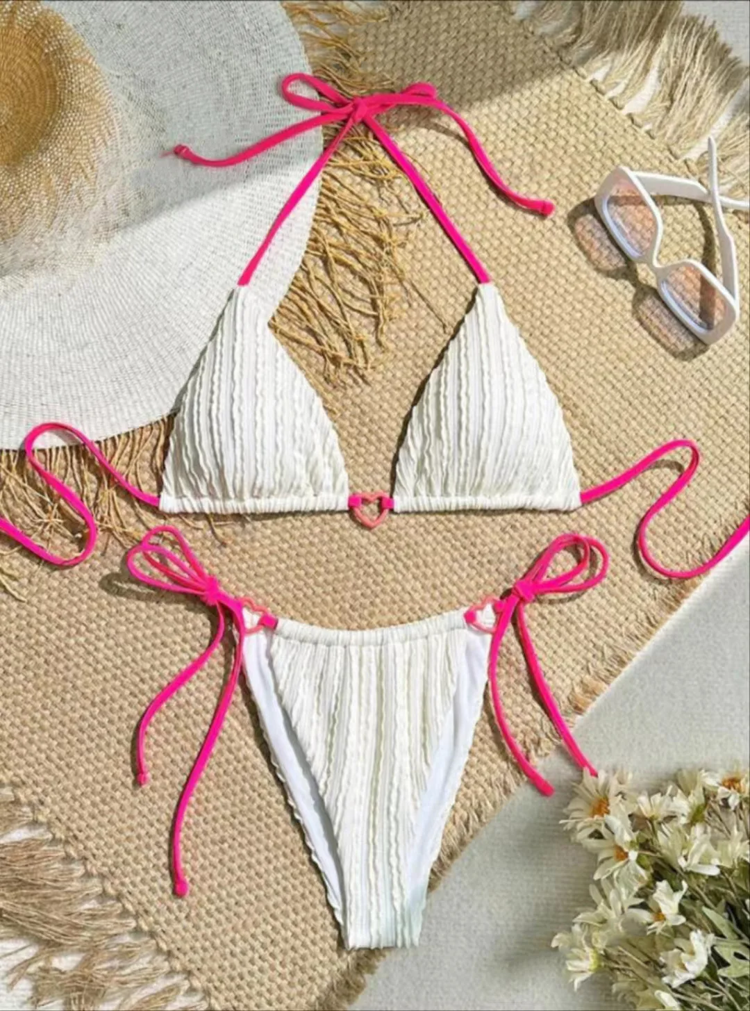 sexy ribbed heart ring halter string bikinis sets two pieces patchwork padded thong swimwear female bathing suit biquini tankini