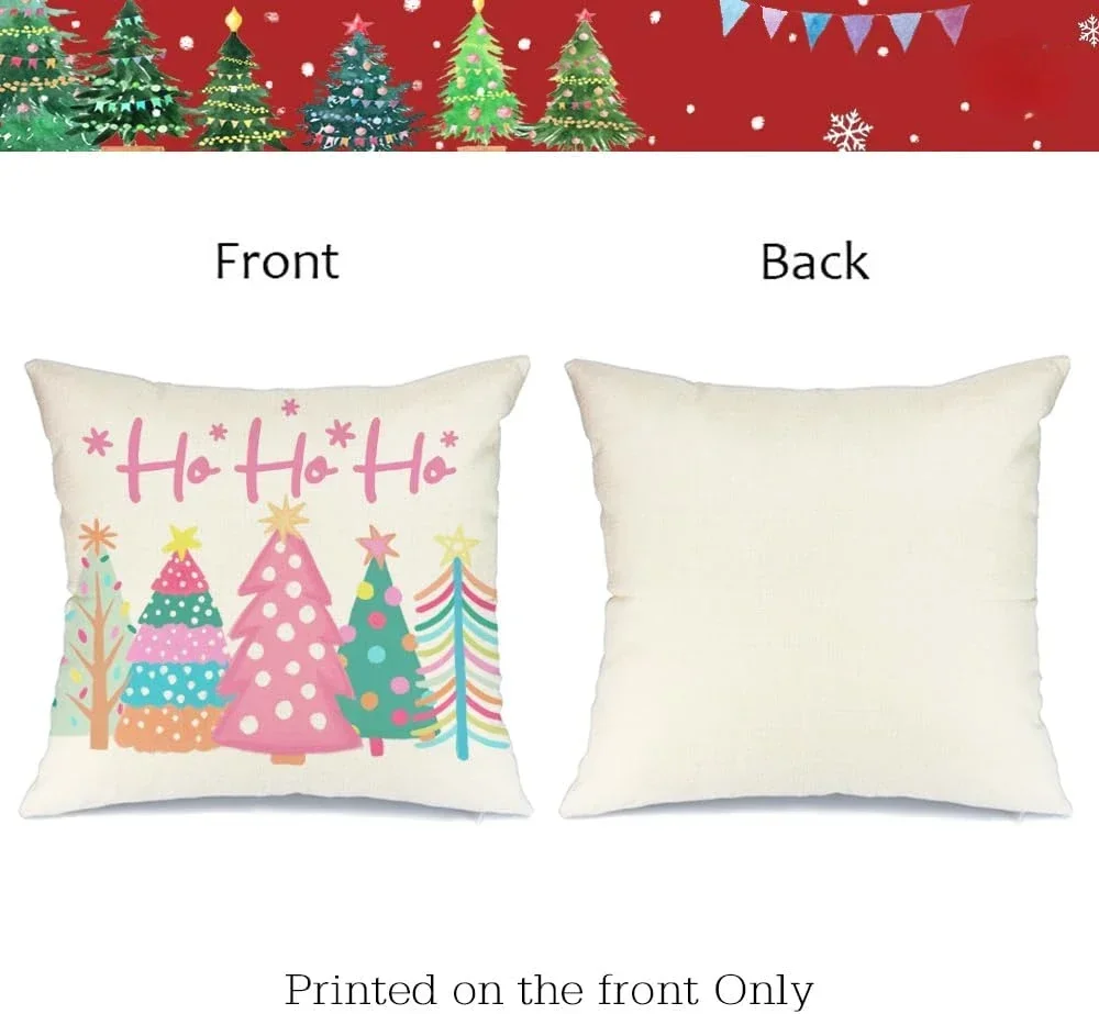 Pink Christmas Throw Pillow Covers 18x18 Inch Set of 4 Striped Truck Xmas Trees Farmhouse Holiday Cushion Cases for Home Decor
