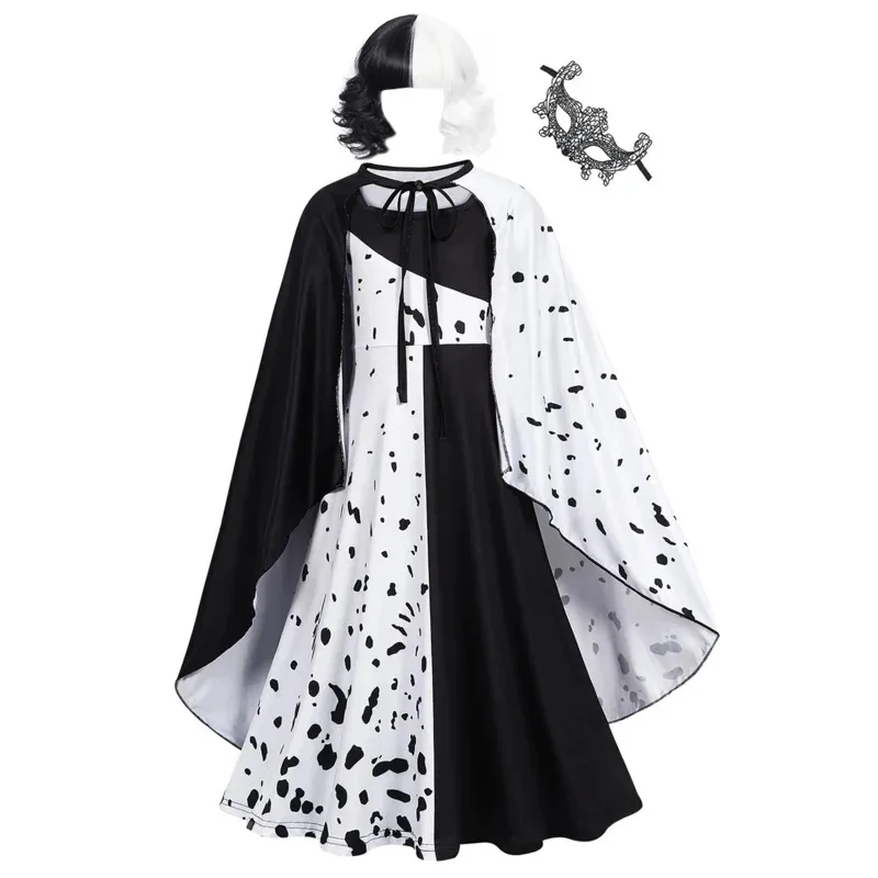 Jurebecia Girls Villains Cruella Deville Dress Up Costume Kids Movie Halloween Cosplay Outfit with Gloves Wig