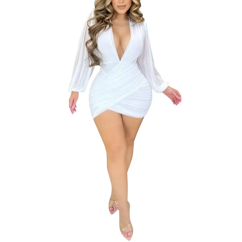 Robe plissée Sexy en maille à manches longues et col en v pour femme, jupe courte de fête sur scène, nouvelle collection automne et hiver