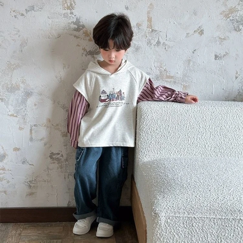 2026 Boys Hoodie Fall Spring Kids Casual Patchwork Pullover Sweatshirt Fashion Layered Look Long Sleeve Children Outerwear