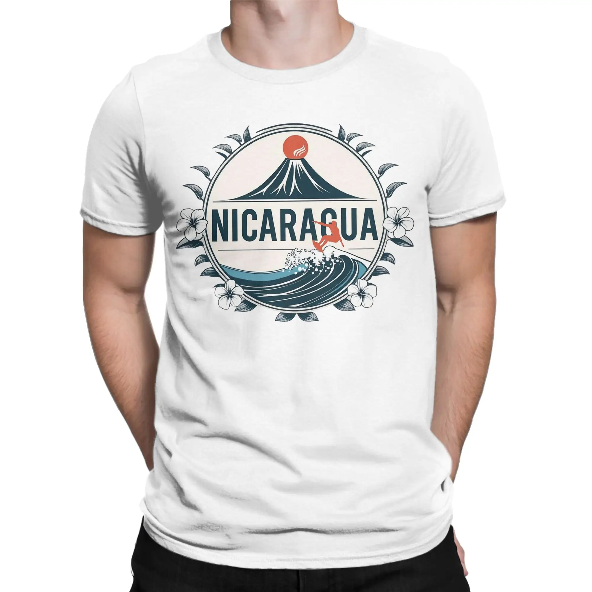 Cool Nicaragua Retro Volcanoes and Surf Waves T-Shirts for Men Crewneck Cotton T Shirts  Short Sleeve Tees Adult Tops
