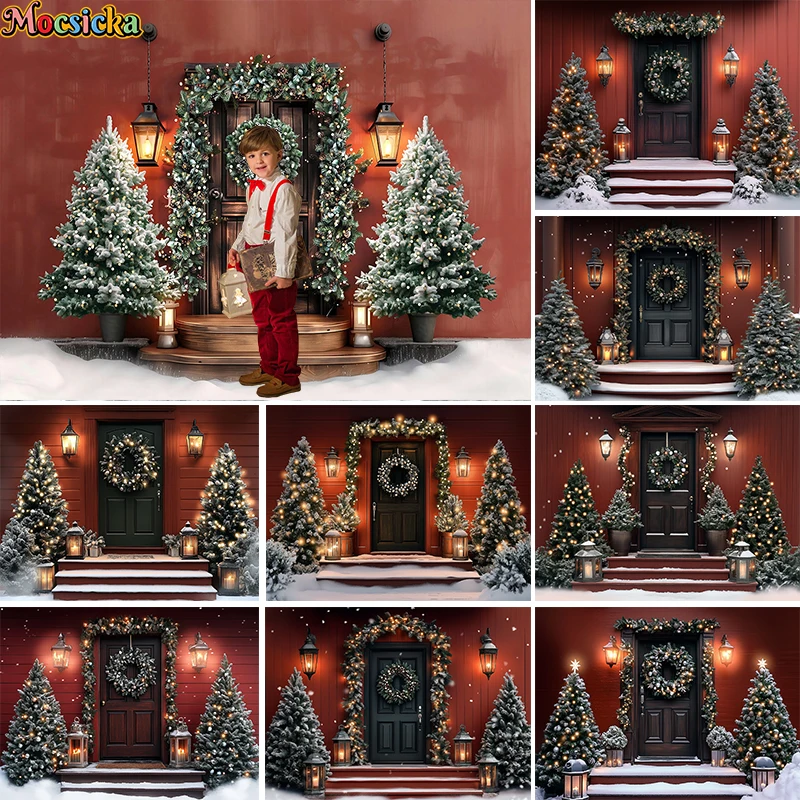 

Mocsicka Winter Christmas Photography Background Red Wall Wooden Door Xmas Tree Decor Kids Adult Portrait Photo Backdrop Studio