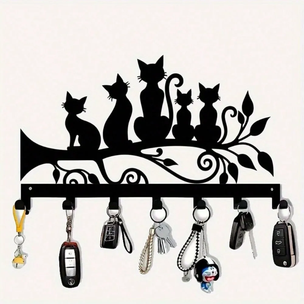 2D Flat Iron Fairy Cat Key Holder, 7 Hooks Wall Mounted Storage Rack for Towels Coats, Rustproof Home Organizer Decorative