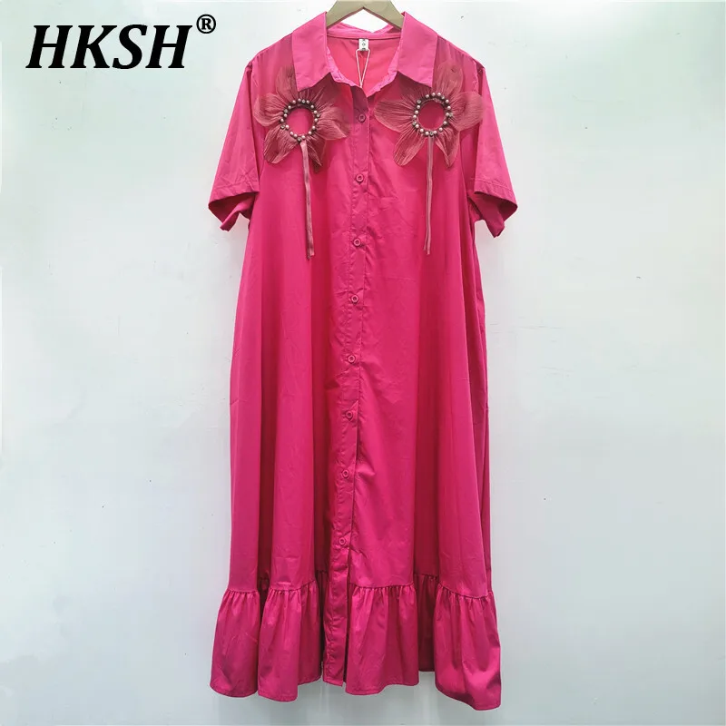 

HKSH Summer New Women's Tide Ins Fashion Elegant Casual Dress Loose Three-Dimensional Floral Single Breasted Long Dresses HK5524