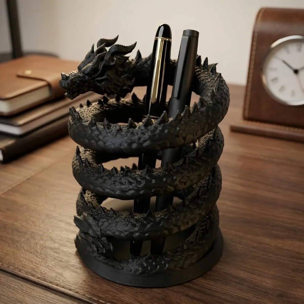 Gift Black Dragon Pen Holder Spiral Coiled Creative Desktop Statue Multi-purpose 3D Printed Storage Holder Game Room