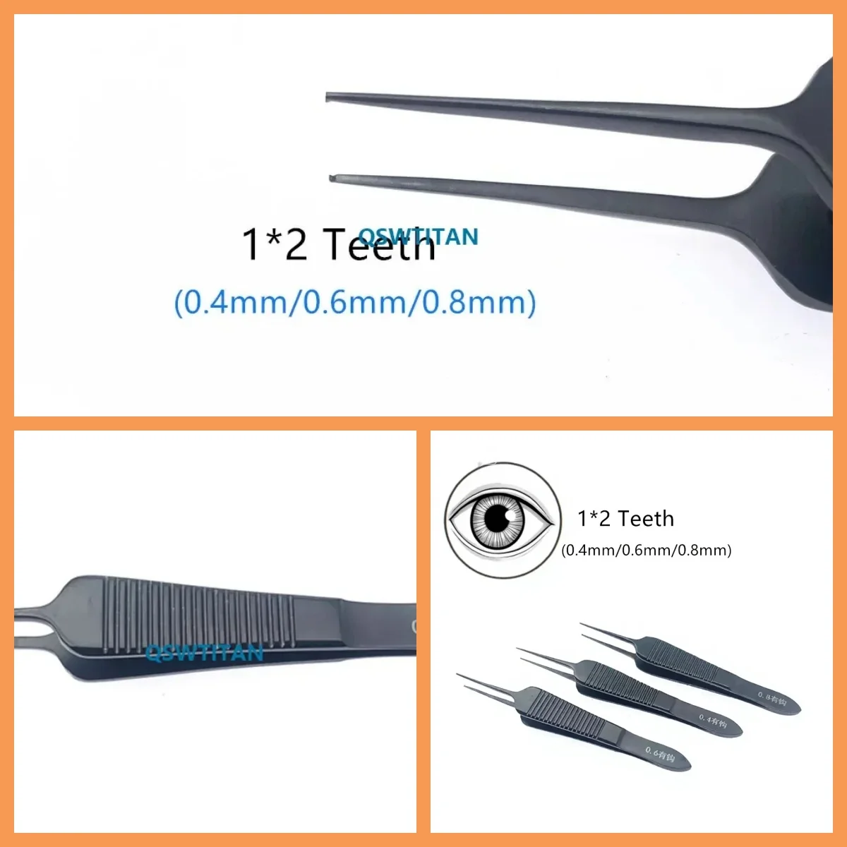 Ophthalmic Surgical Toothed Tissue Forceps: 0.4mm/0.6mm/0.8mm Stainless Steel with Black Handle