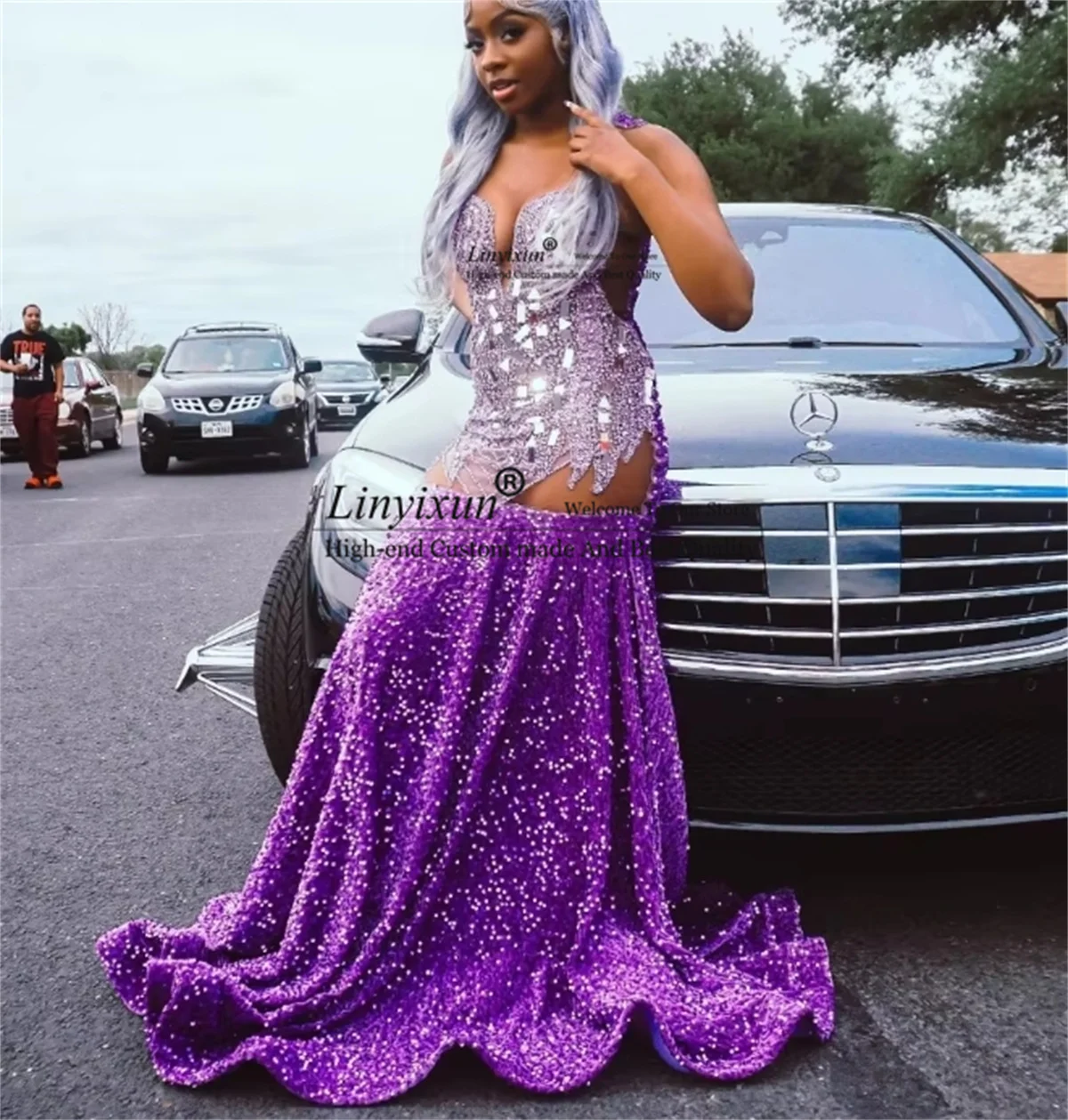 Elegant Purple Black Girls Sequins Prom Dress Crystal Beading African Formal Aso Ebi Evening Gown Customized robes de soirée