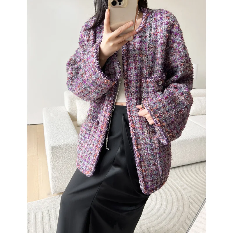 Women Autumn Pink Tweeds Coats Round Neck Temperament Jackets Design Long-sleeved Tops Loose 2023 Street Trendy Wool Blends Lady