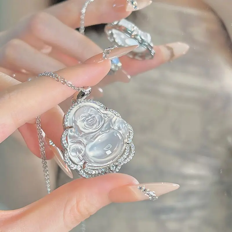 

Agate Natural White Chalcedony High Ice Silver Plated Inlaid Jade Necklace Maitreya Buddha Pendant