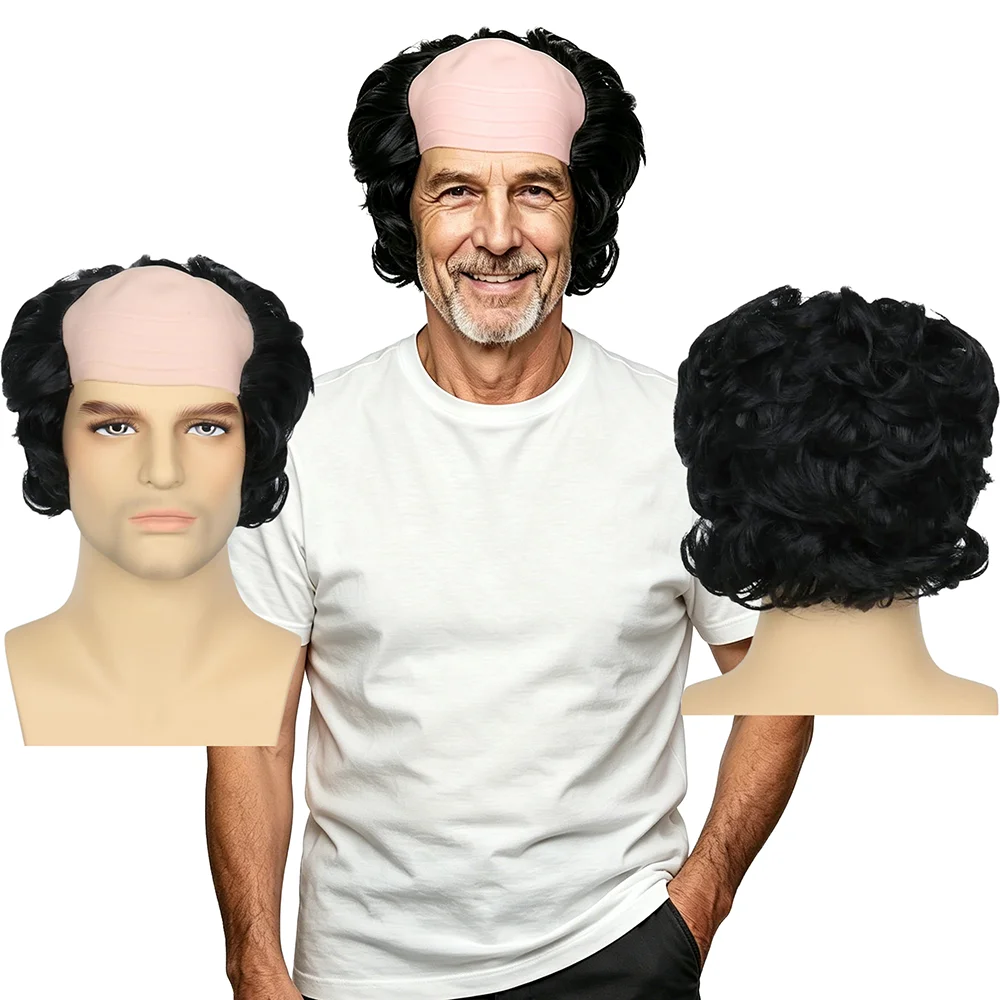 

Black Bald Old Man Wig All-in-One Simulated Scalp Short Curly Wig For Men Funny Cosplay For Halloween Party Stage Performance