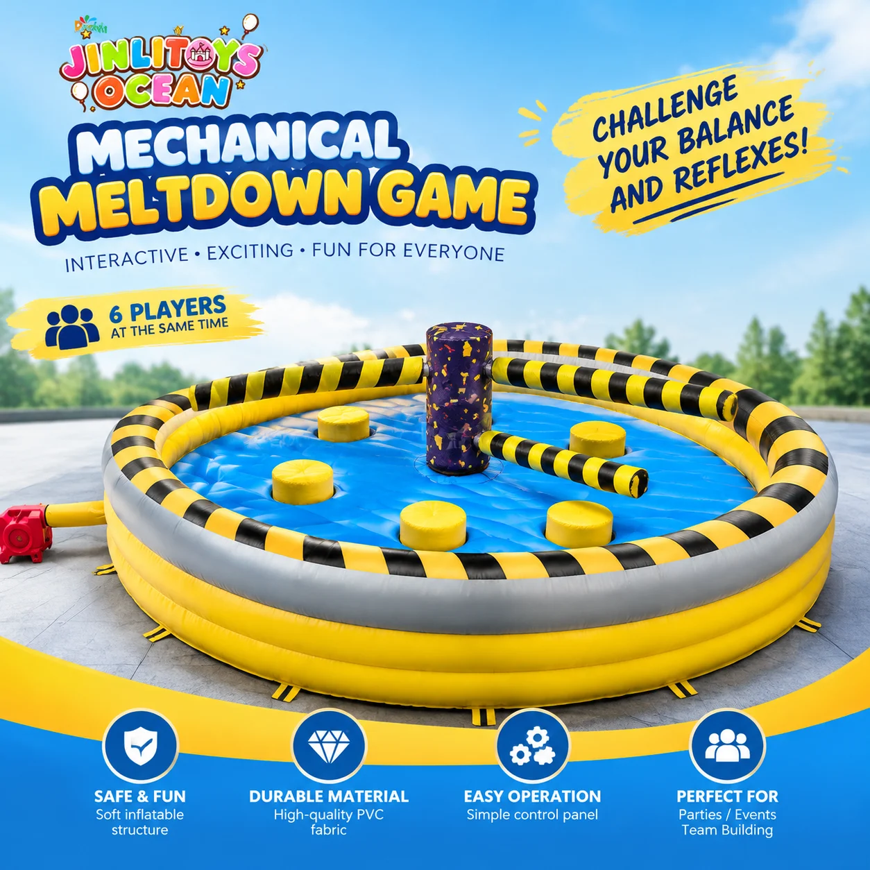 Inflatable rotating sweeper game: Multiplayer interactive elimination challenge for mall events and rentals