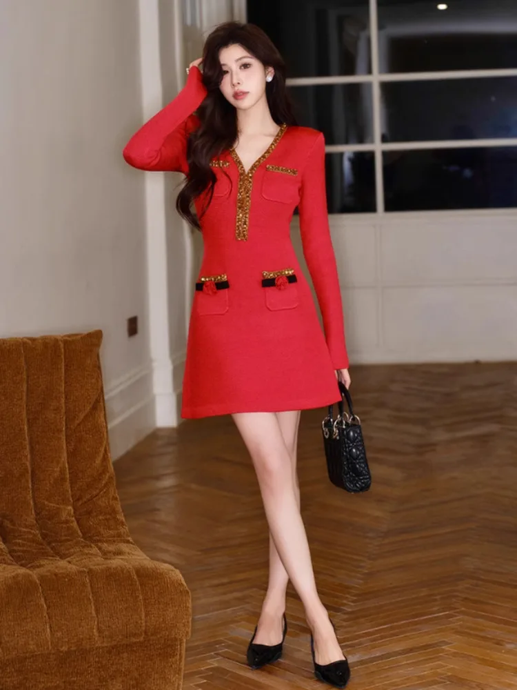 CHUJIE Sukienka damska Moda elegancki temperament czerwone złoto wykończone róża slim fit dekolt w serek sukienka z długim rękawem 2025 wiosna/lato nowość