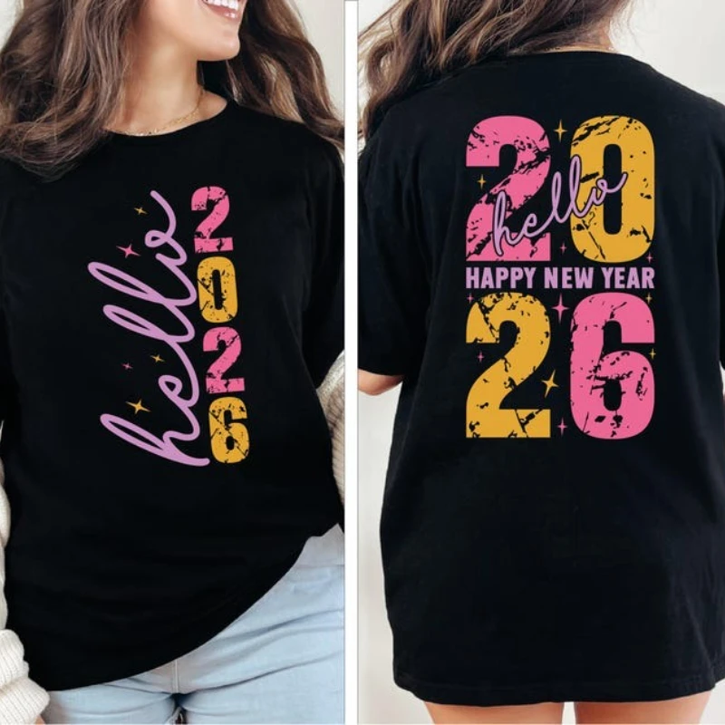 

Хлопковая футболка «Hello Happy New Year 2026, одинаковые комплекты для всей семьи, праздника, вечеринки, праздника, с круглым вырезом, модная, мягкая, удобная